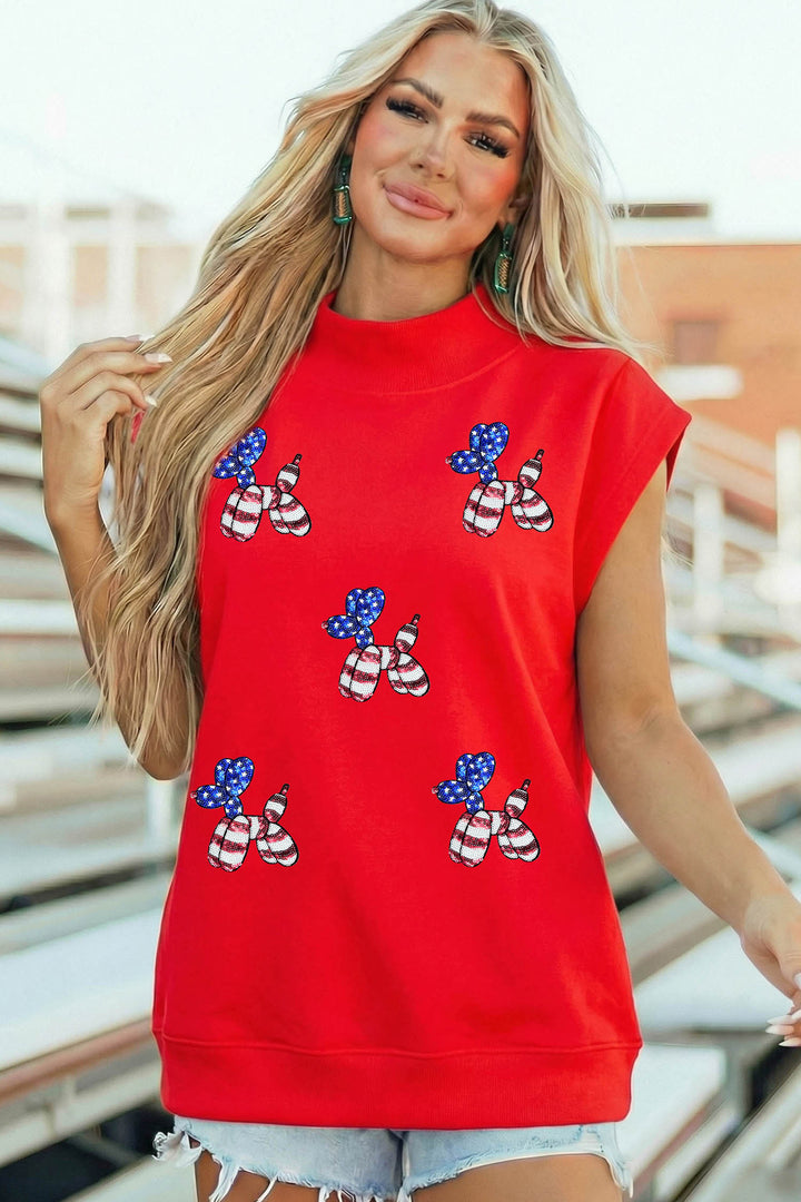 Racing Red Sequin American Flag Balloon Dog High Neck Short Sleeve Top