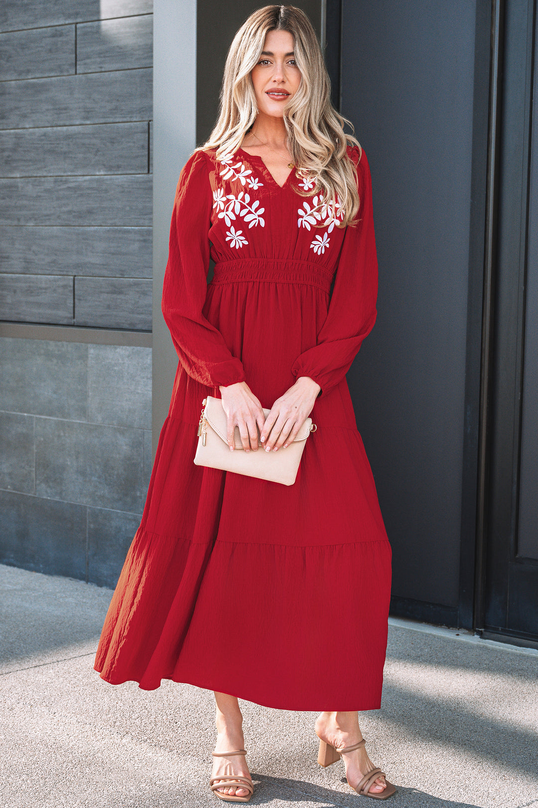 Racing Red Contrast Embroidered Detail Cinched Waist Tiered Long Sleeve Maxi Dress