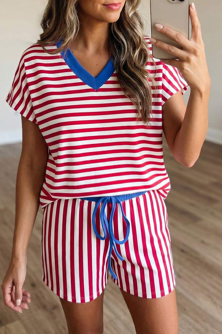 Stripe Colorblock Trim V Neck Tee Drawstring Elastic Waist Short Set