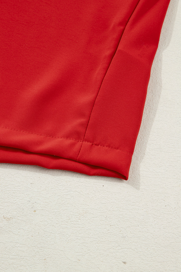 Racing Red Contrast Plaid Patchwork V Neck Long Sleeve Blouse