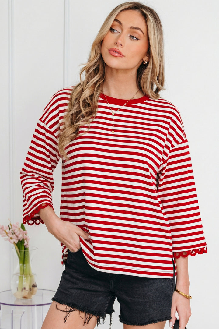 Racing Striped Print Drop Shoulder Lace Trim Bracelet Sleeve Loose Top