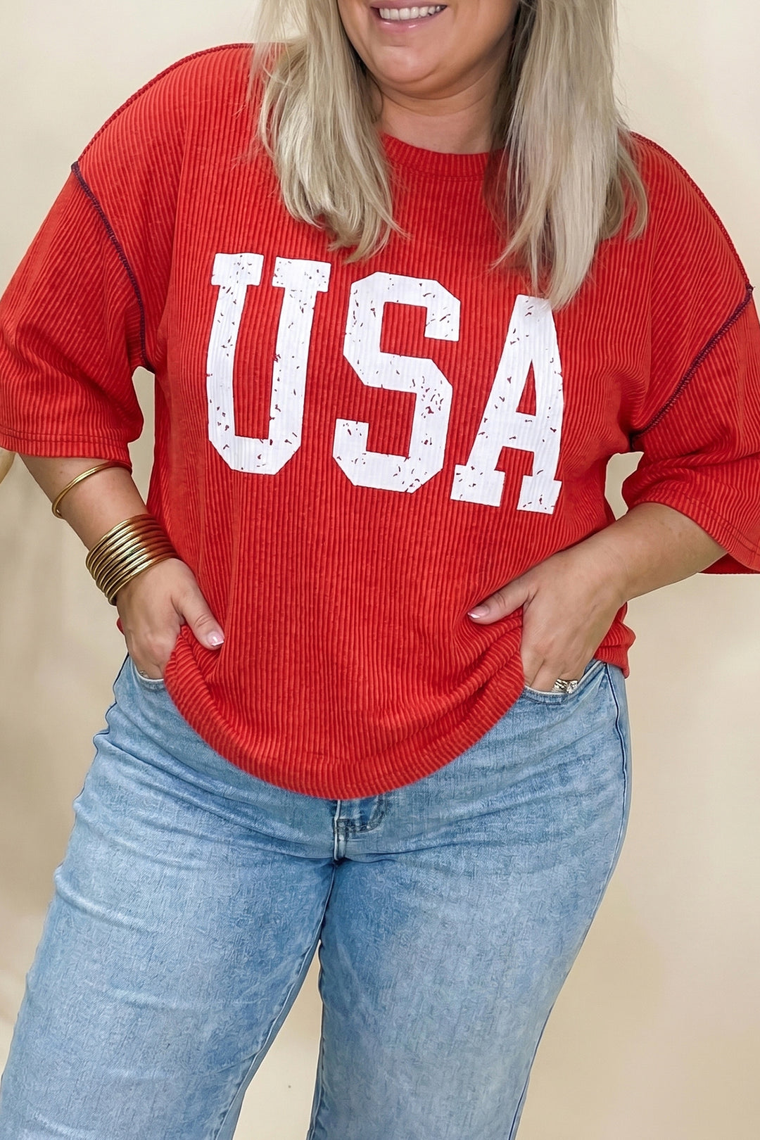 Plus Size Twisted Rib Vintage USA Letter Printed T Shirt