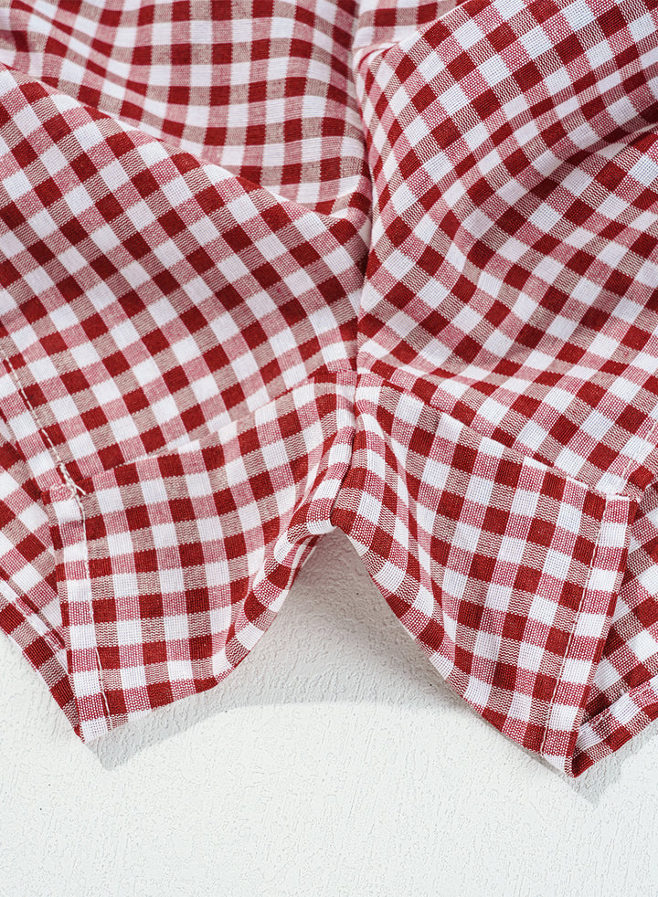Fabric close-up of Red Plaid Gingham Printed High Waist Shorts highlighting breathable cotton texture. Shop comfy casual shorts at Faith & Co. Boutique.