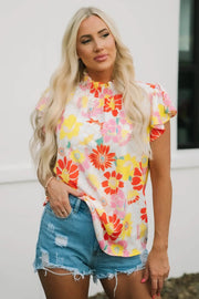 Multicolor Stand Collar Flutter Sleeves Floral Top - Multicolor / L / 100%Polyester
