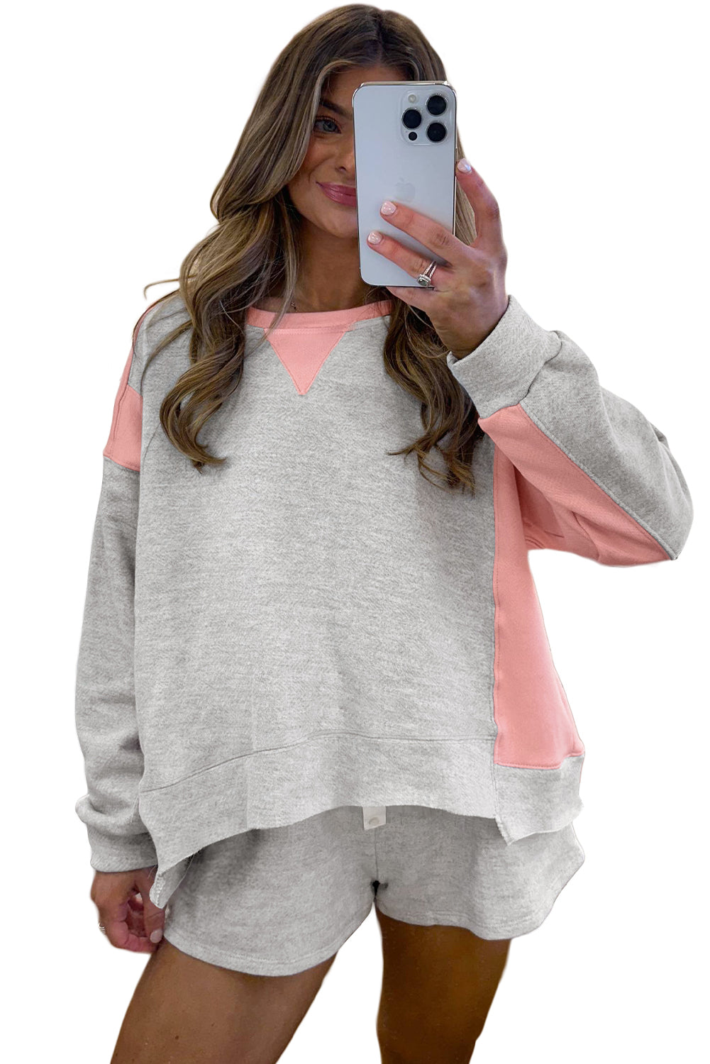 Light Grey Color Block Raw Hem Pullover and Casual Shorts Set