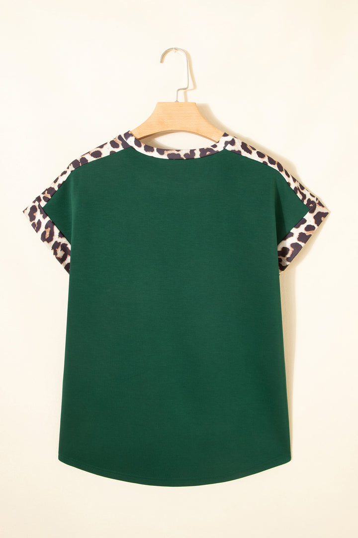 Green Leopard Trim Round Neck Loose T Shirt