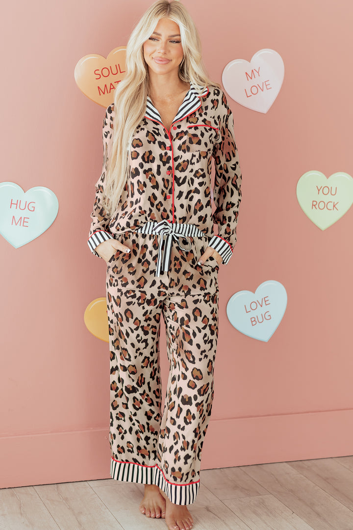 Khaki Leopard Print Color block Striped Edge Shirt and Pants Pajama Set