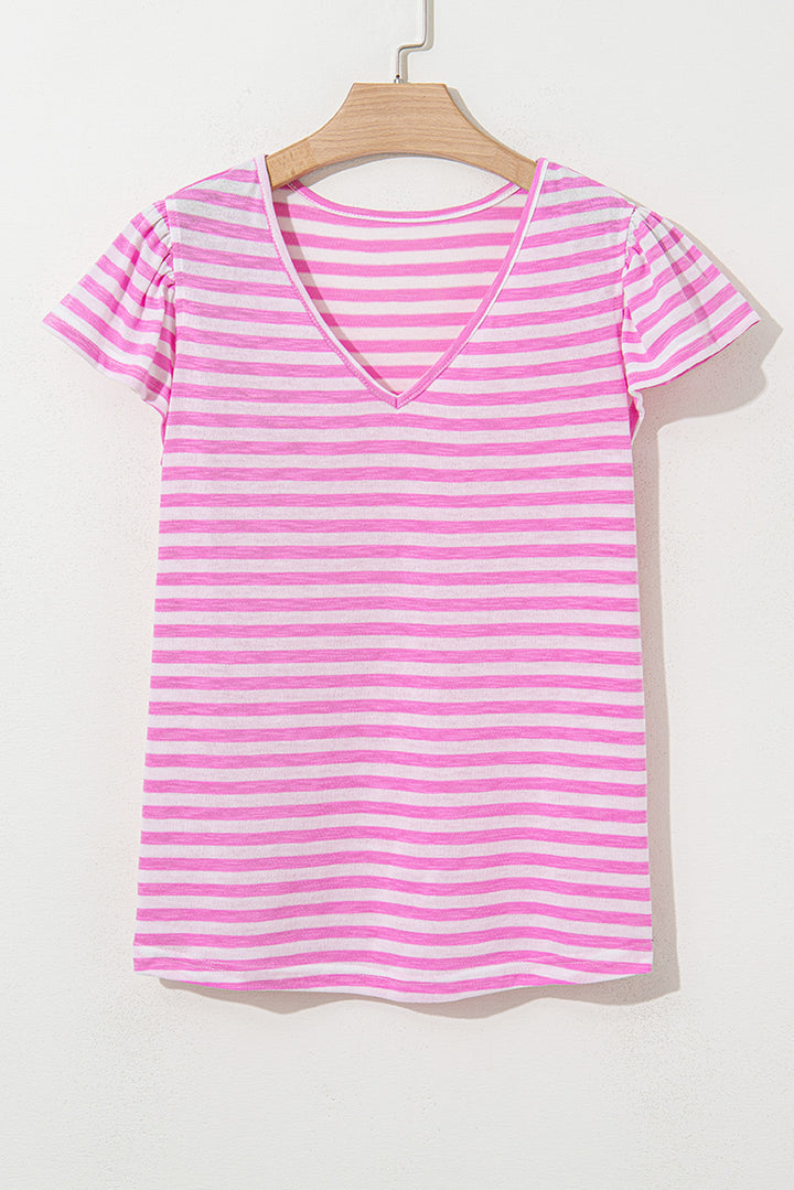 Bonbon Striped V Neck Ruffle Short Sleeve Top