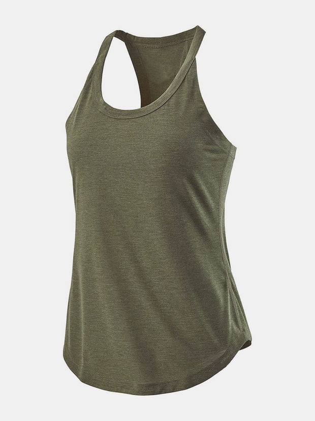 a women's green tank top with a cut out back