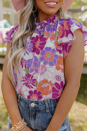 Multicolor Stand Collar Flutter Sleeves Floral Top - Purple / L / 100%Polyester