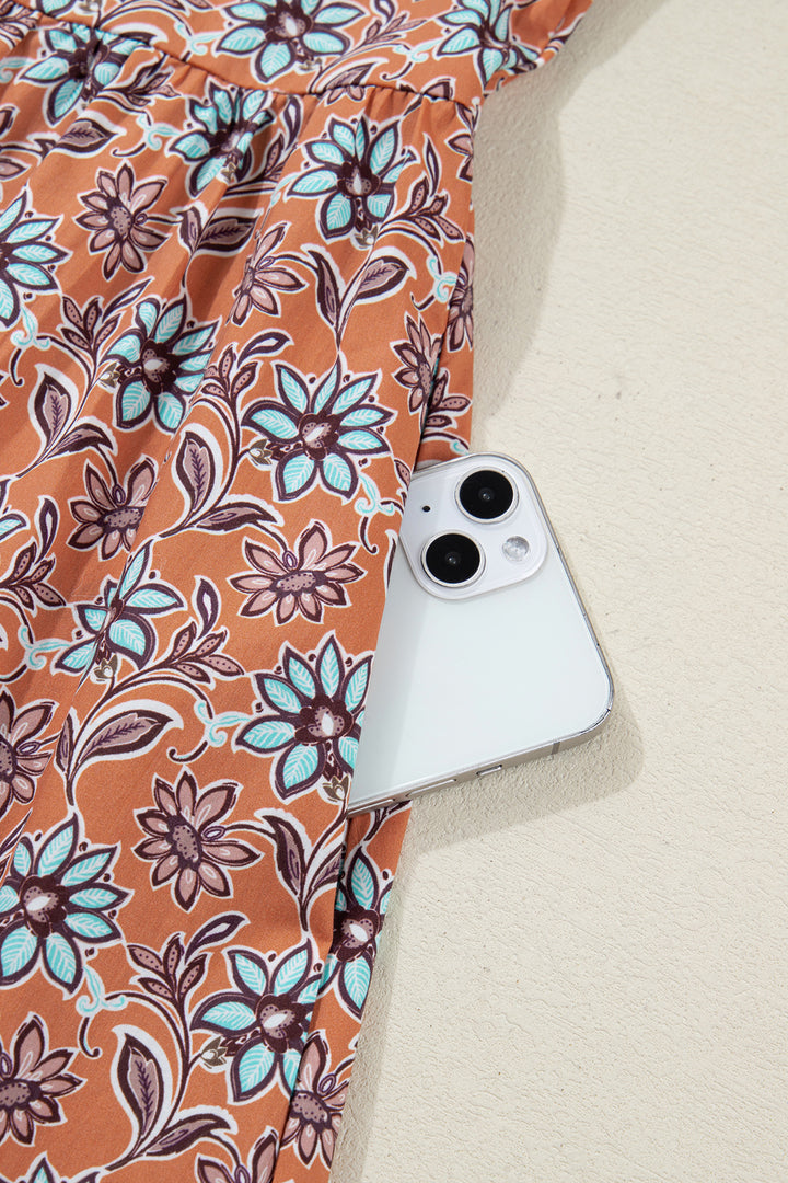 Orange Boho Floral Contrast Collared Shirt Mini Dress