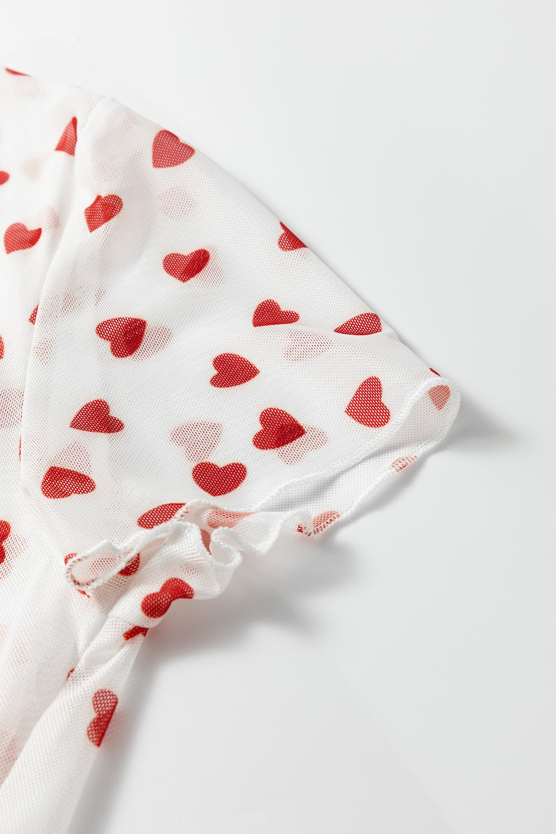 Red Allover Heart Print Mesh Short Sleeve Top