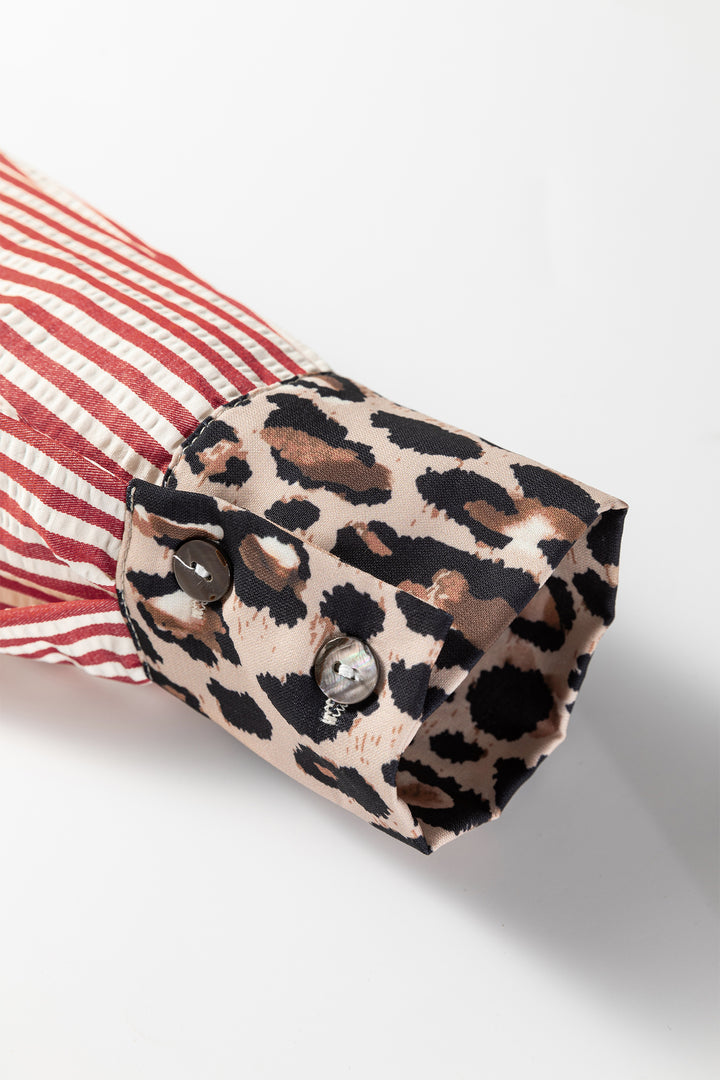Red Striped Leopard Print Patchwork Button Up Women's Shirt