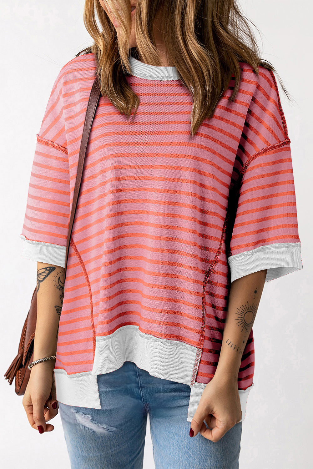 Stripe Oversized Contrast Trim Exposed Seam High Low T Shirt