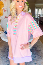 Pink Rainbow Stripe Henley Collar Patchwork Mini Dress