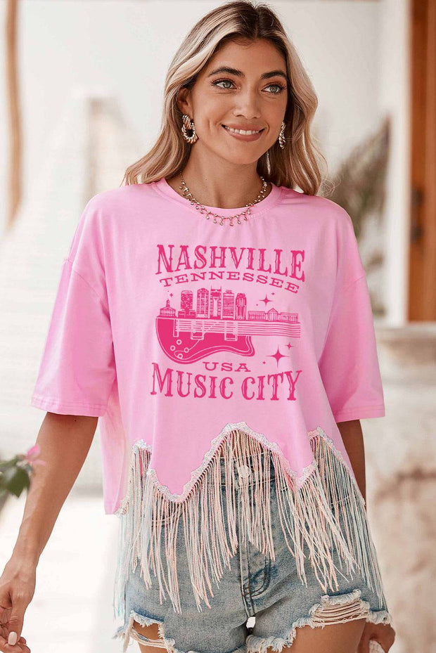 Pink NASHVILLE MUSIC CITY Graphic Sequin Fringed Hem Tee -