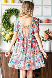Multicolor Backless V Neck Empire Waist Tie Back Floral Dress -