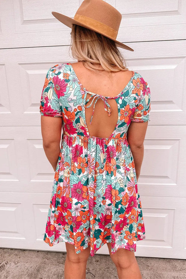 Multicolor Floral Print Tie Back Short Sleeve Dress -