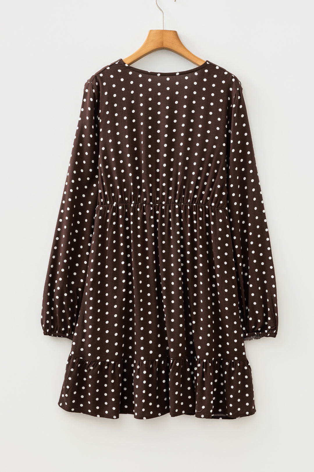 Chicory Coffee Polka Dot Long Sleeve Wrap V Neck Ruffle Hem Mini Dress