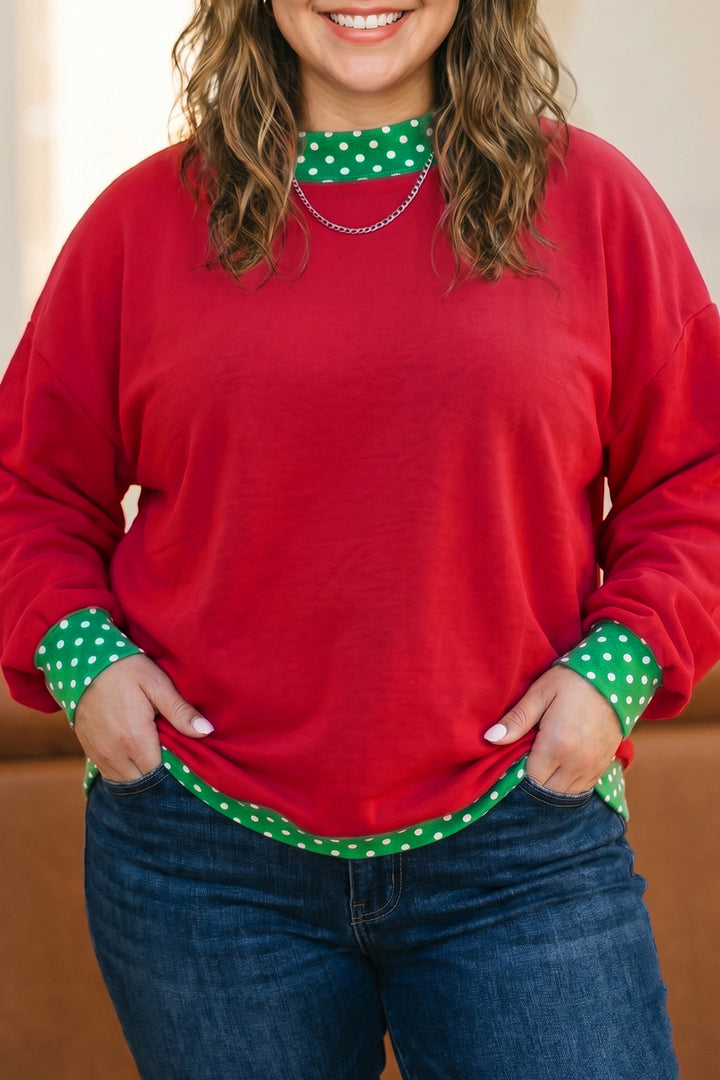 Racing Red Polka Dot Patchwork Round Neck Plus Size Sweatshirt
