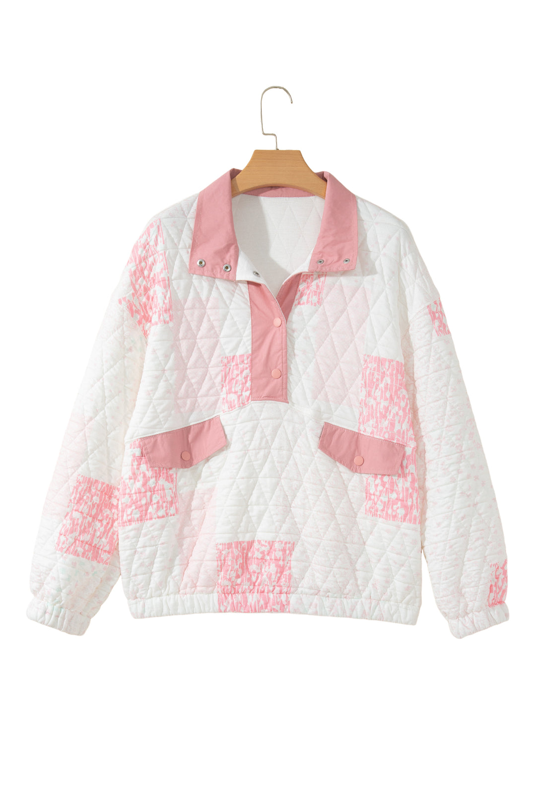 Floral Quilted Half Button Pocketed Pullover Sweatshirt