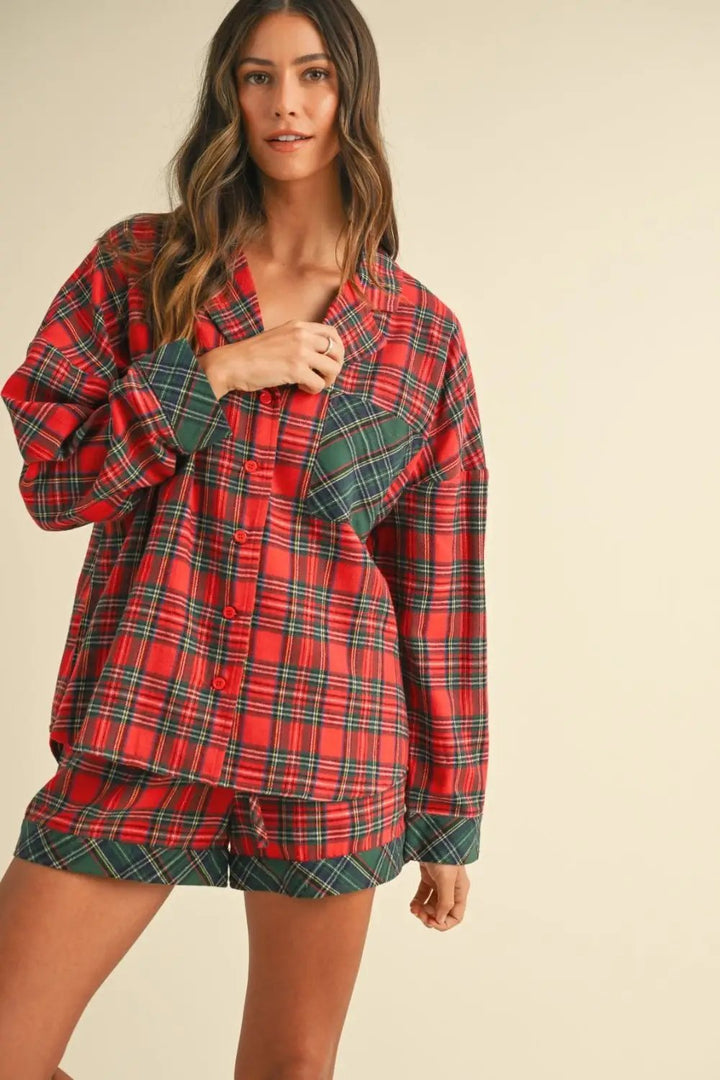 Annie Wear Contrast Plaid Long Sleeve Top and Shorts Set