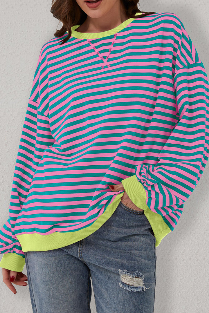 Stripe Oversized Contrast Trim Pullover Sweatshirt