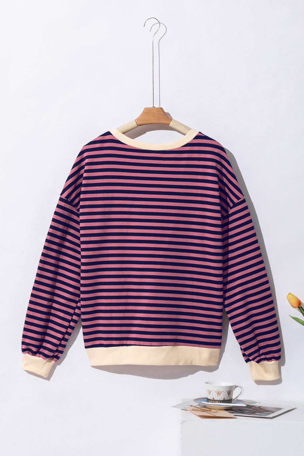 Stripe Oversized Contrast Trim Pullover Sweatshirt