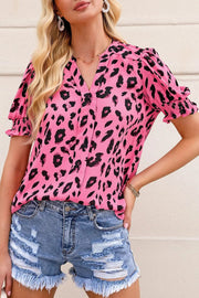 Leopard Notch Neck Bubble Sleeve Blouse - Pink / 2XL / 100%Polyester