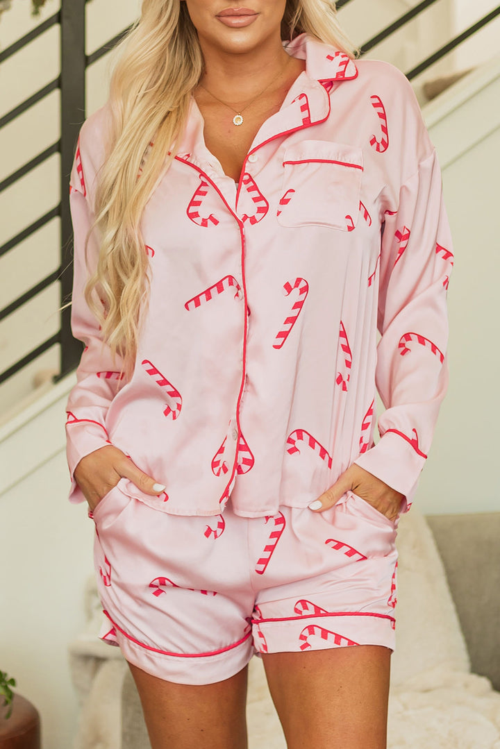 Pink Christmas Candy Cane Print Shirt and Shorts Pajama Set