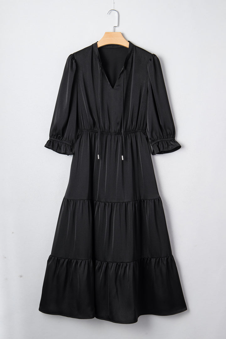 Black Flounced Bracelet Sleeve V Neck Tiered Maxi Dress