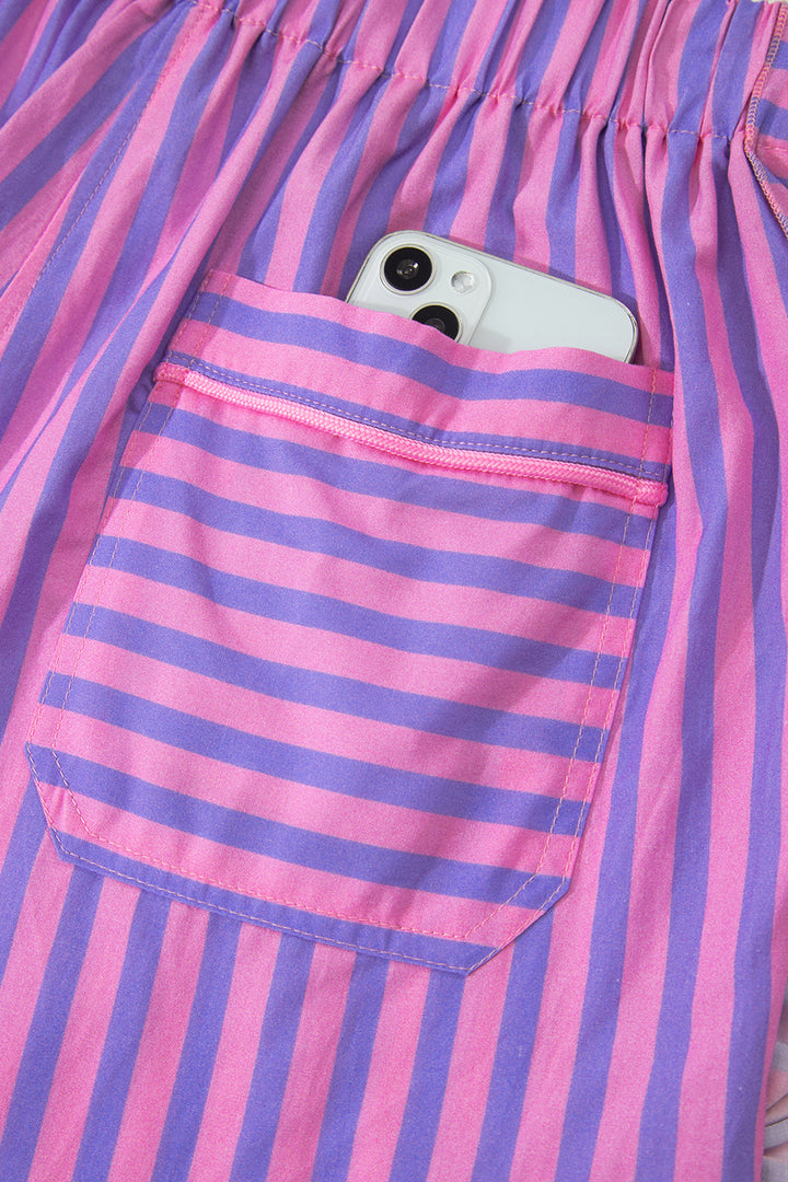 Stripe Elastic Waist Ruffle Trim Casual Shorts