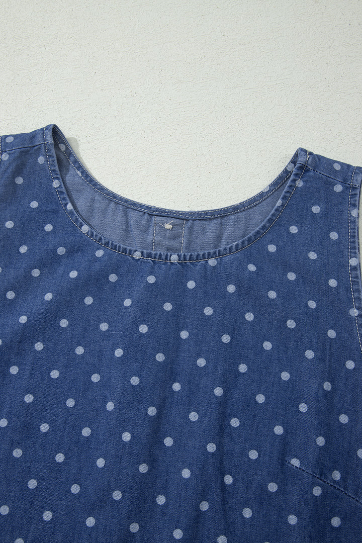 Blue Polka Dot Ruffle Hem Sleeveless Shift Dress Mini Vacation