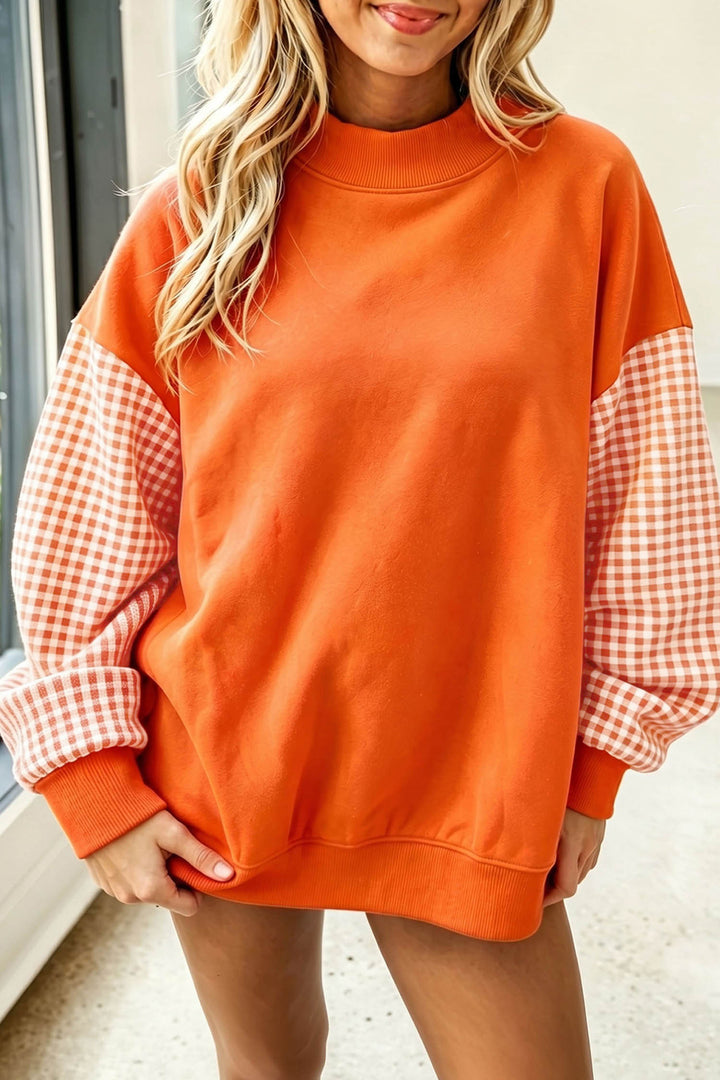 Plaid Sleeve Color block Loose Tunic Sweatshirt