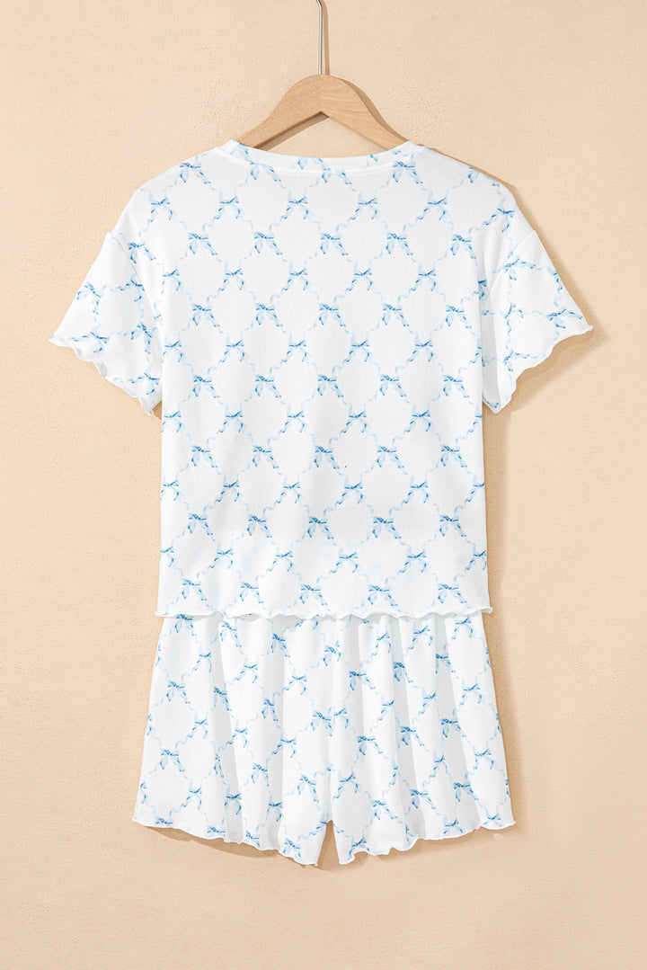 Sky Blue Bow Knot Geometric Print Lettuce Trim Two Piece Lounge Set