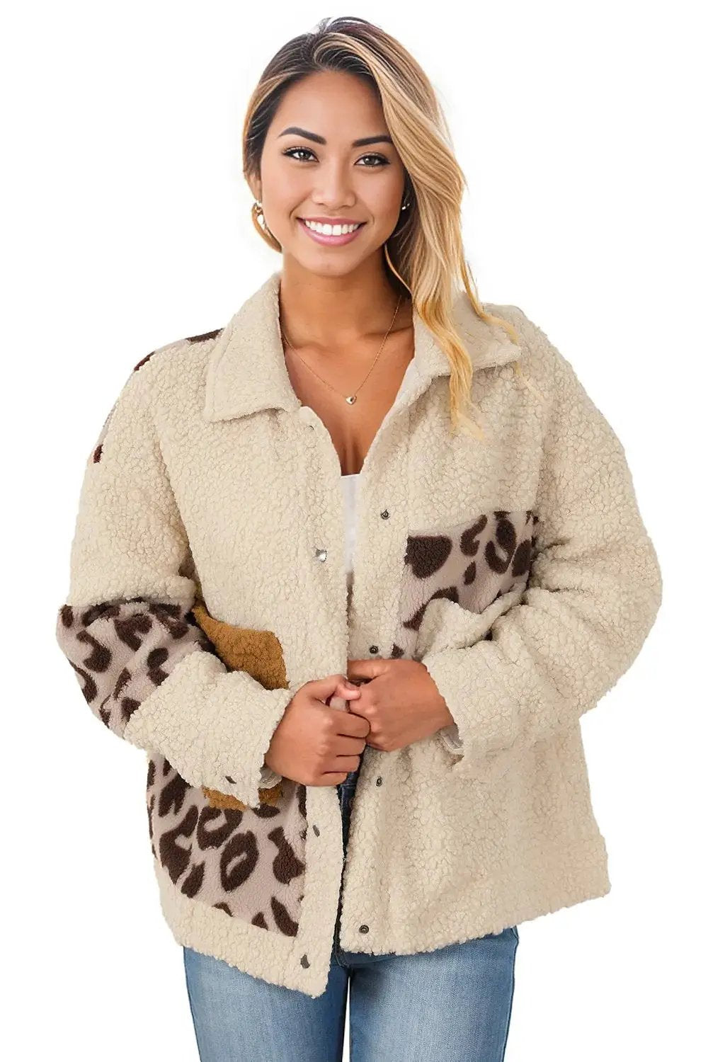 Beige Leopard Patchwork Snap Buttons Sherpa Jacket -