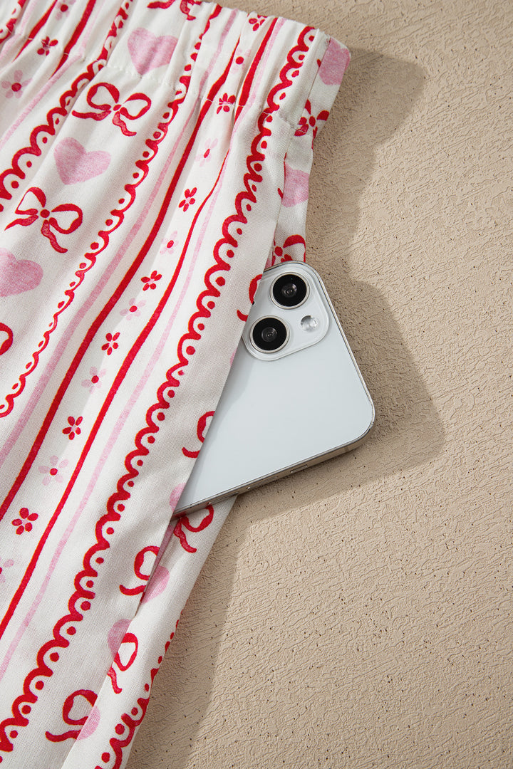 Red Cute Bow Heart Print Ribbon Decor Short 2pcs Pajama Set