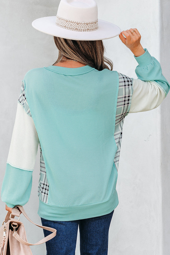 Aruba Blue Corded Texture Plaid Colorblock Patchwork Split Neck Long Sleeve Top
