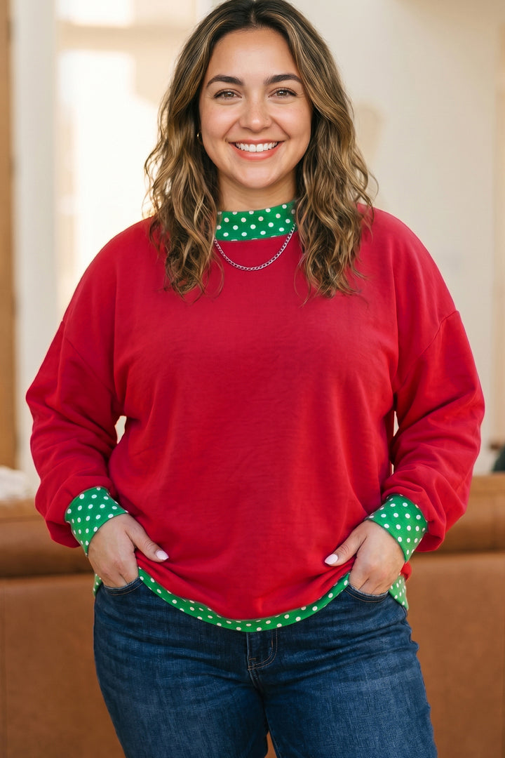 Racing Red Polka Dot Patchwork Round Neck Plus Size Sweatshirt