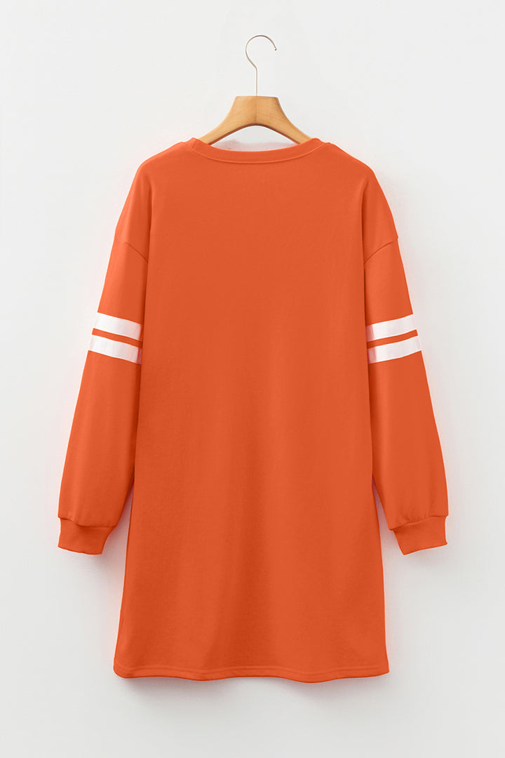 Orange Leopard Print Pumpkin Graphic Varsity Striped Long Sleeve Tunic Dress