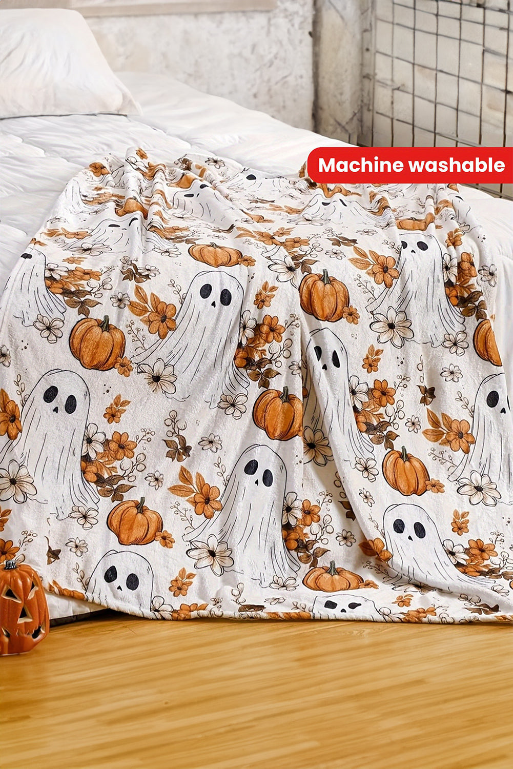 Orange Halloween Ghost Pumpkin Flower Throw Blanket