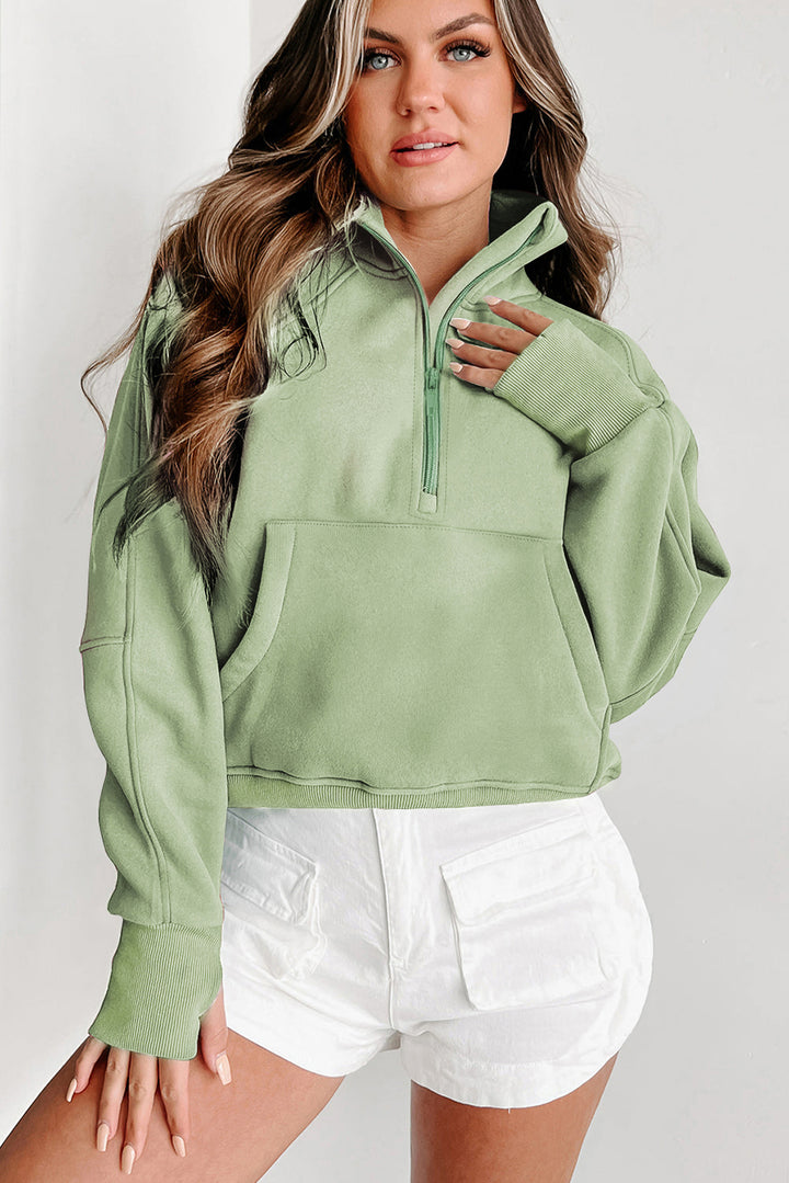 Fleece Lined Zip Up Stand Collar Thumbhole Sleeve Sweatshirt