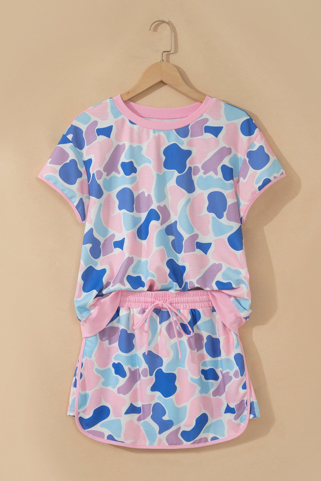 Pink Camouflage Print Contrast Trim Athletic Skort Set