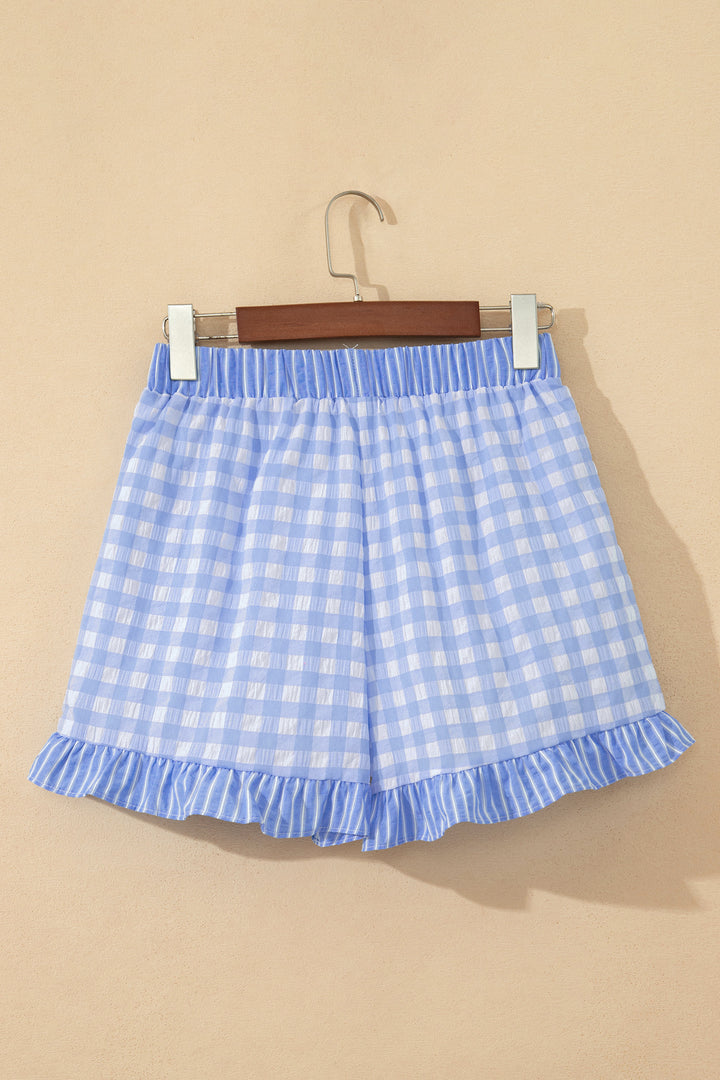 Gingham Print Ruffle Striped Detail Lace Tie Shorts