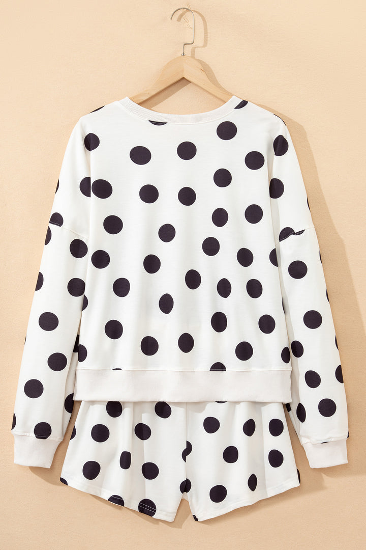 Polka Dot Print Drop Shoulder Pullover Drawstring Shorts Set