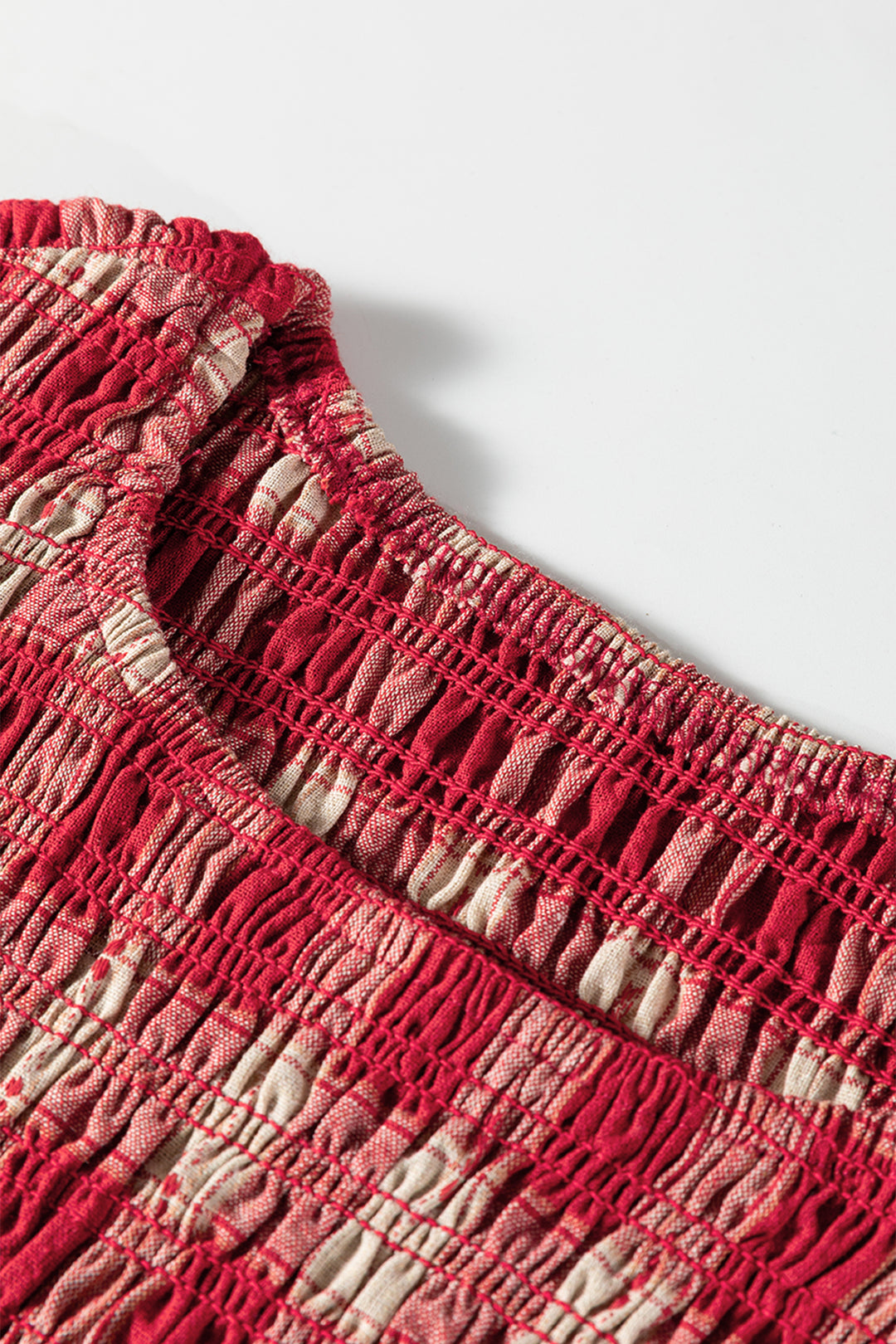 Red Plaid Print Smocked Puff Sleeve Mini Dress