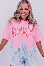 Pink MAMA Embroidered Graphic Sequin Tassel Hem T Shirt