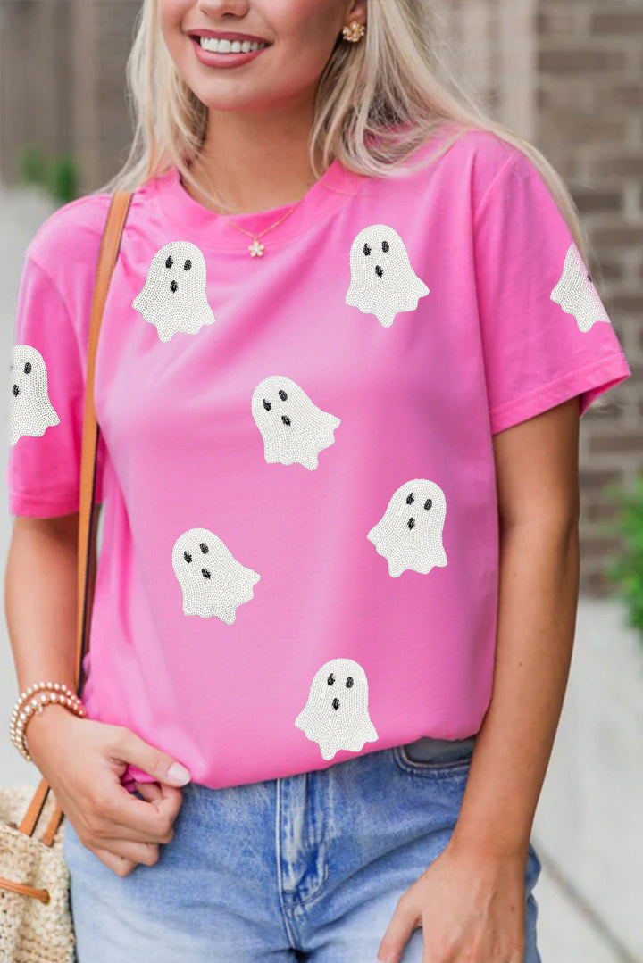 Sequin Halloween Ghost Patched Casual T Shirt