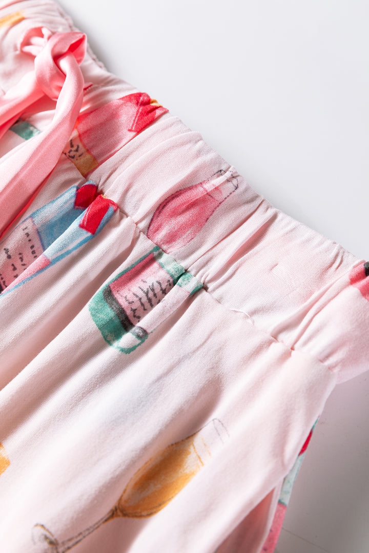 Christmas Wine Glass Print Bow Knot Two Piece Pajama Set