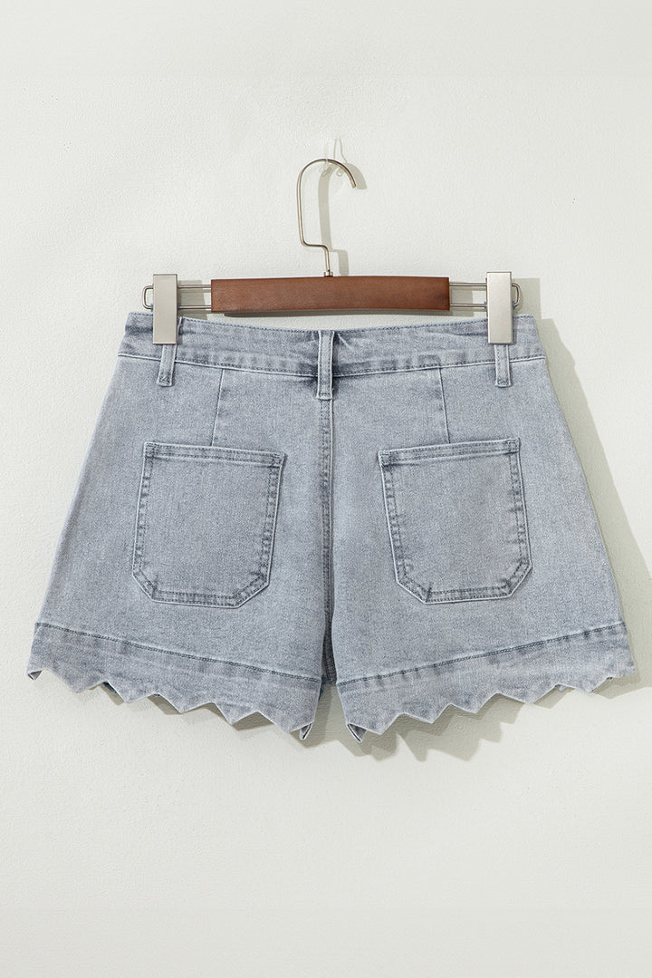 Sail Blue Scalloped Hemline Acid Wash High Waist Denim Shorts